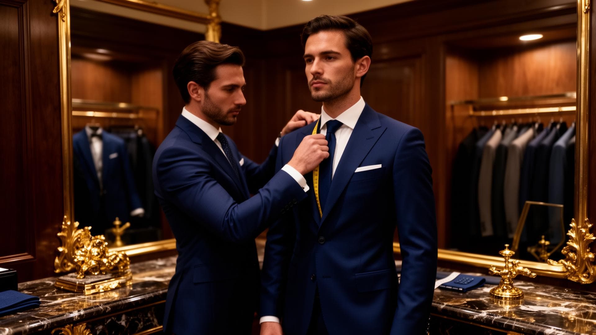 Luxury bespoke tailor fitting a client in a premium showroom